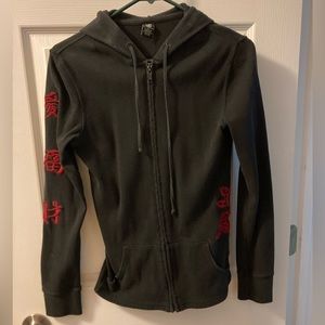 Lucky black and red rose hooded zip up jacket with pockets size large